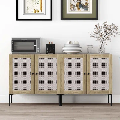 Ebern Designs Set Of 2 Rattan Buffet Sideboard Wine Cabinet Cupboard W/adjustable Shelf Walnut