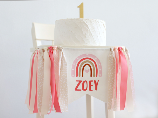 Boho Rainbow High Chair Banner, Girl 1st Birthday Decor, Photo Prop, Blush Party, Custom Baby Bunting, Cake Smash