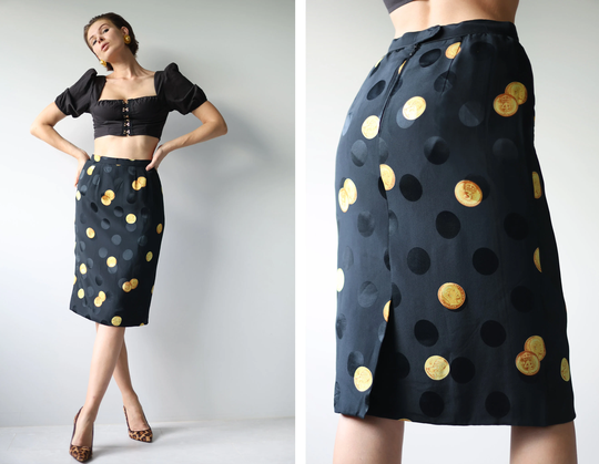 Vintage Black Gold Coin Print Pure Silk High Waist Fitted Pencil Knee Midi Skirt Xs S