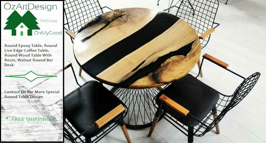 Round Epoxy Table Top, Table, Live Edge Coffee Wood With Resin, Walnut Bar Desk