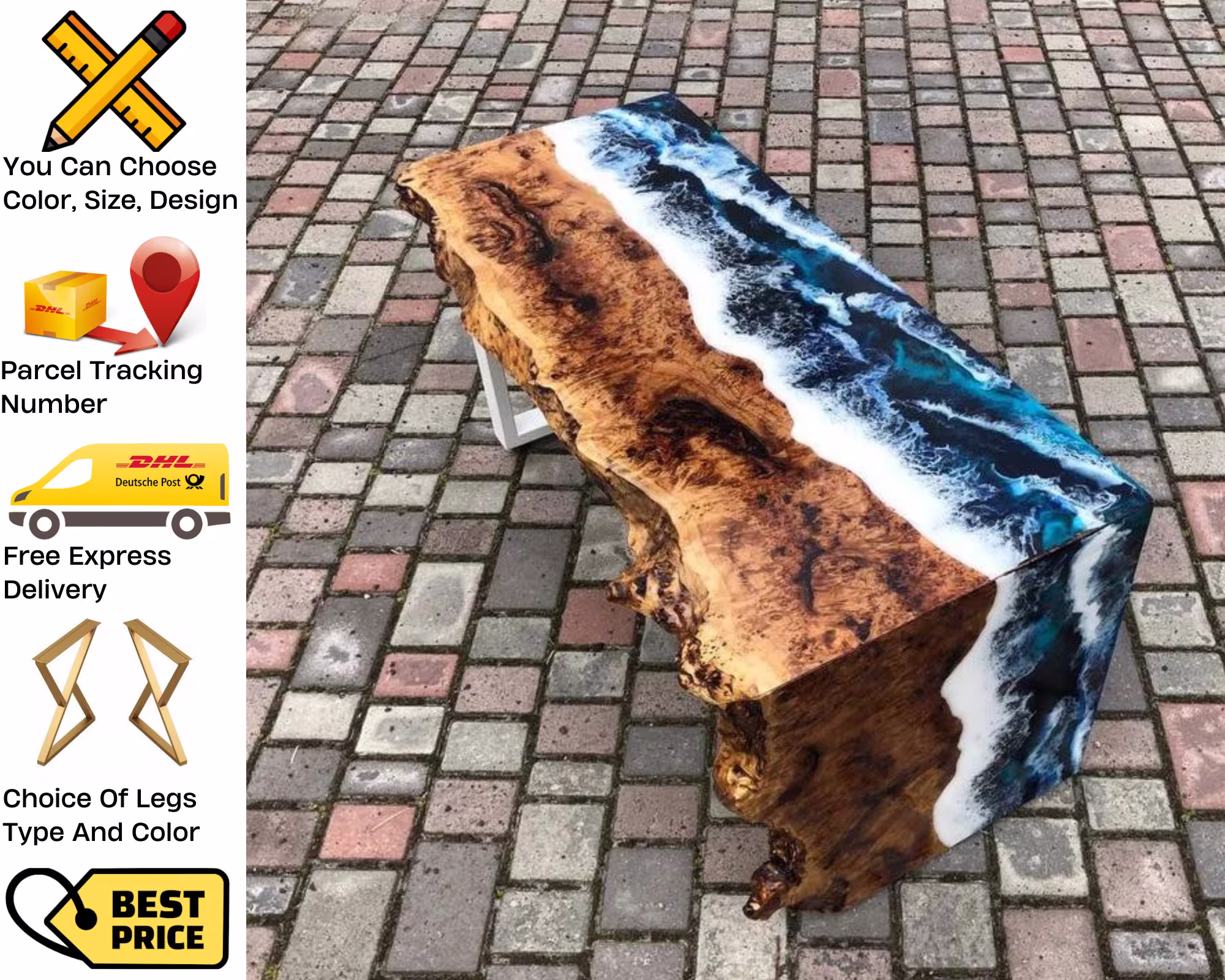 Live Edge Epoxy Ocean Table, Custom Epoxy, Middle Desing Unique Coffee Resin Desk