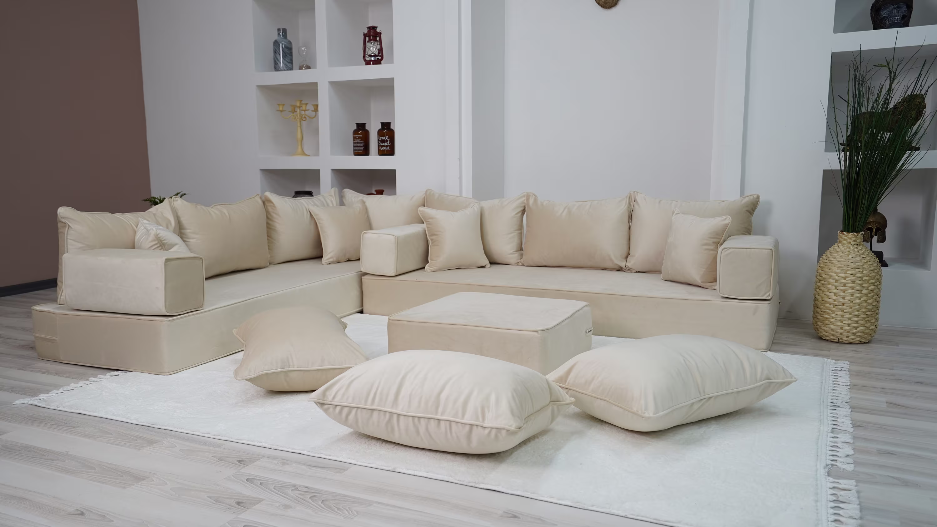 8" Thickness Velvet Beige Color L Shaped Floor Seating, Arabic Seating Couch, Luxury Velvet Corner Sectional Sofa, Loveseats