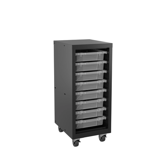 Space Solutions Mobile Bin Tower w 8 3" tote bins, 36x15x18, Black