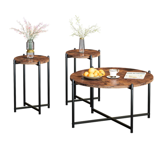 3 Piece Coffee Table Set for Living Room, 1 Round Coffee Table & 2 Side Table, Living Room Coffee Table Set of 3 for Apartment