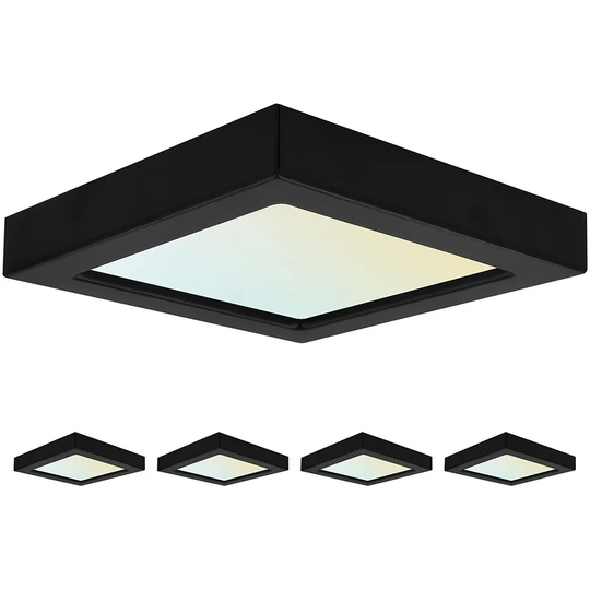 Luxrite 4" Square LED Flush Mount 10W 3 Color Selectable 600 Lumens Dimmable Damp Rated Black Trim 4 Pack