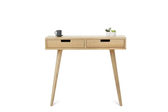 Narrow Wood Console Table With Drawers in Modern Mid Century Design. Small, Skinny, Minimalist Design