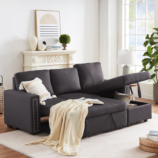 Pull out Sleeper Sofa Reversible L-shape 3 Seat Rivet Sectional Couch with Storage Chaise for Living Room Furniture Set