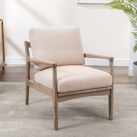 Nestfair Tan Wood Armchair Accent Chair with Removable Cushion