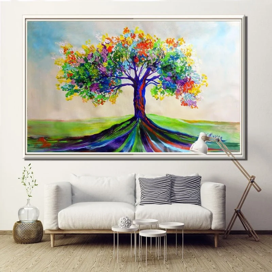 Colorful Tree Painting, Large Original Painting On Canvas, Big Landscape Living Room Horizontal Wall Art, Spring