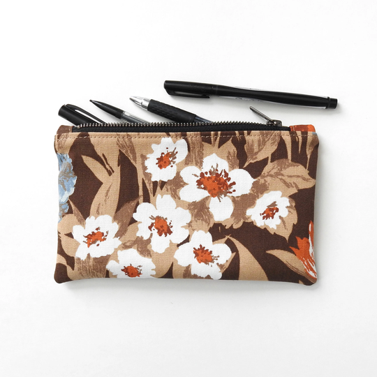 White Floral Pencil Case, Medium Zipper Pouch, Vintage Fabric