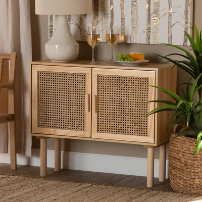 Doane Mid-Century Modern Rattan And Natural Brown Finished Wood 2-Door Sideboard Buffet