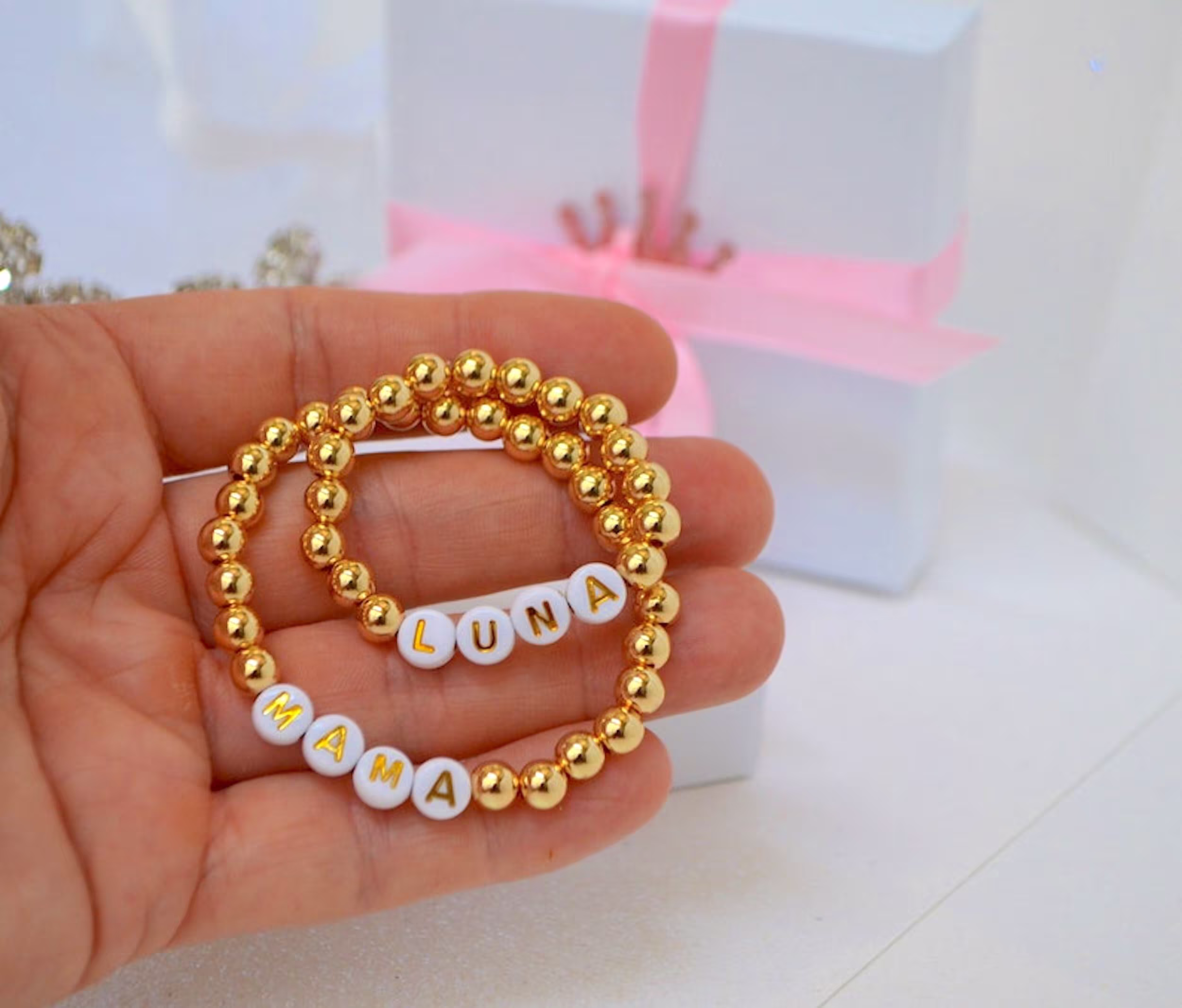 14K Gold Mama & Daughter Bracelets, Baby Shower Gift, Name Bracelet, Toddler Newborn, Gift For Mom Grandma, Personalized Bracelet