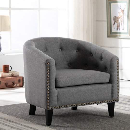 Linen Fabric Tufted Barrel Chair Tub Chair For Living Room Bedroom Club Chairs, Grey