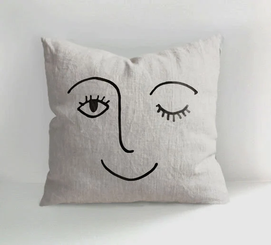 Sofa Decor Pillow Covers, A Happy Face, Hand Drawn Throw Linen Pillows, Natural Linen, Unique Decor, Minimal