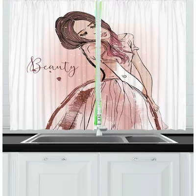 2 Piece Beauty Pencil Drawn Dreamy Girl with Long Hair Kitchen Curtain Set
