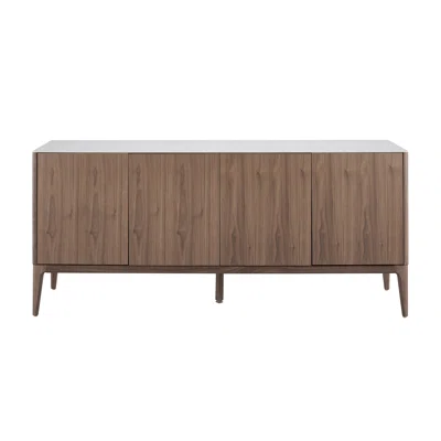 Kraig 71" Sideboard In White Ceramic Glass And Walnut