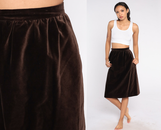 Brown Velvet Skirt 90S Pencil Simple High Waisted Midi Retro Boho Chic Neutral Hippie Basic Plain Vintage 1990S Extra Small Xs