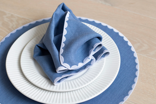 Sky Blue Linen Round Table Mats With White Trim For Decor Round Placemats