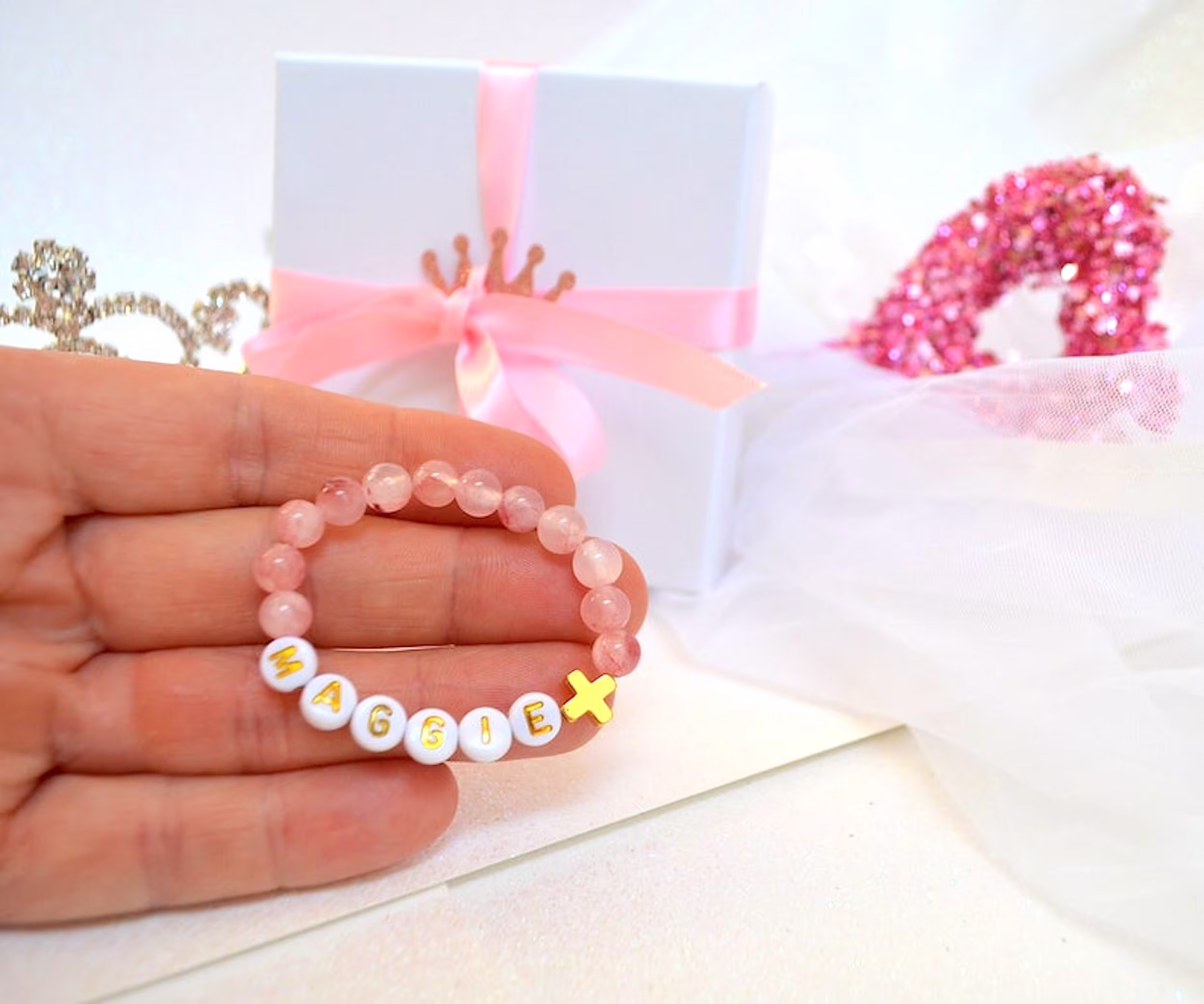 18K Gold Holly Cross Pink Jade Baby Bracelet, Personalized Girls Kids Jewelry Gifts, Baptism Communion Rosary Bracelet