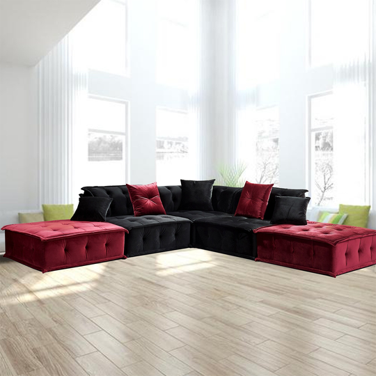 Black & Red Modular Sectional Sofa Velvet Couch Large Space