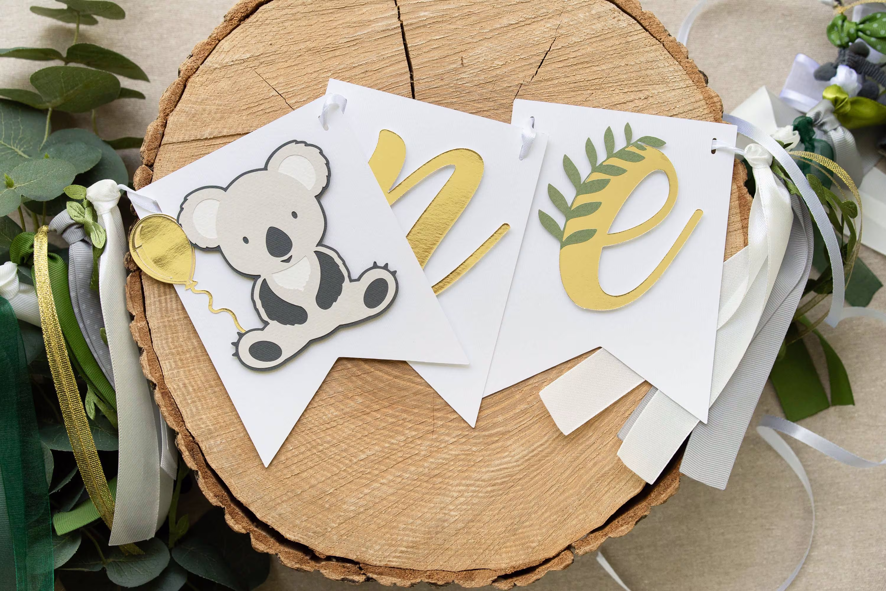 Koala One High Chair Banner Customizable Highchair Garland With Tassels Cute 1st Birthday Party Decorations Muted Green Grey Gold Decor