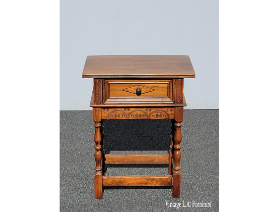 Vintage French Country Brown Side Table End W Metal Drawer