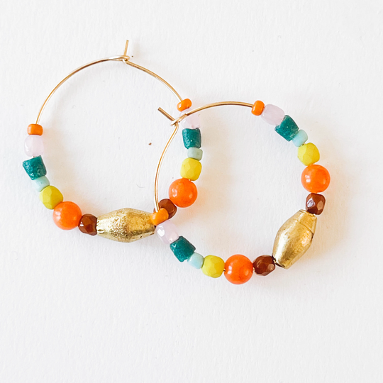 Colorful Hoop Earrings, Large Beaded Hoops, Big Hoop Earrings, Big Beaded Hoops, Colorful Color Lover Jewelry, Gold Hoops