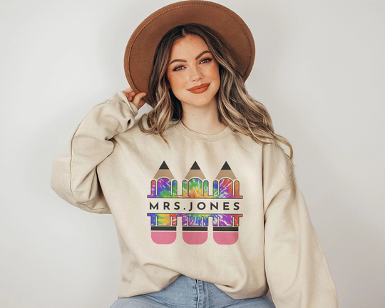 Custom Teacher Sweatshirt, Tie Dye Pencil Name, Gift For Teacher, Retro Shirt, New K-12, Unisex Crewneck Sweatshirt