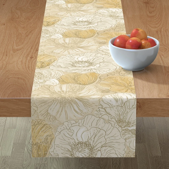 Neutral Poppy Table Runner - Poppies By Ringele Jumbo Scale Romantic Floral Soft Gold Beige Cotton Sateen Spoonflower
