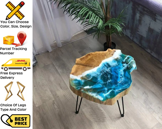 Small Epoxy Coffee Table, Live Edge Resin Wood Bedside Table