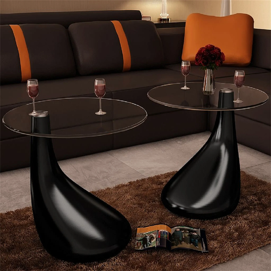 Black Coffee Tables with Round Glass Top High Gloss (Set of 2)