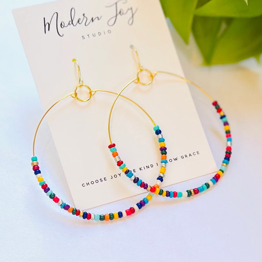 Big Beaded Hoop Earrings Colorful Hippie Boho Gold Wire - Multicolored Glass Bead Hoops Handmade 90's Beads Eclectic Jewelry