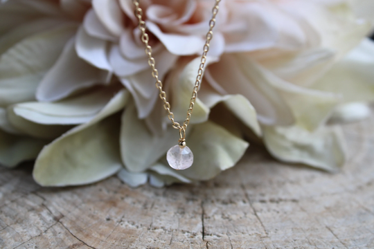 Rose Quartz Crystal Necklace. Crystal 14K Gold Filled Rose Drop