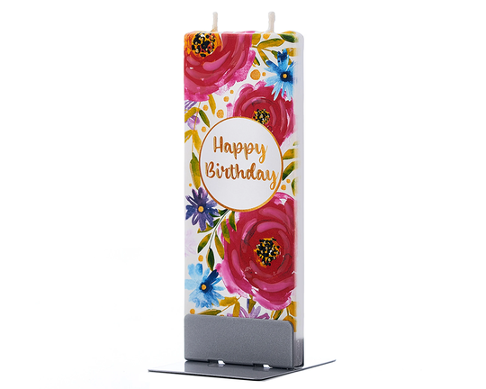 Hand Painted Flat Candle | Happy Birthday With Floral Print Small Unique Gift Greetings Gift