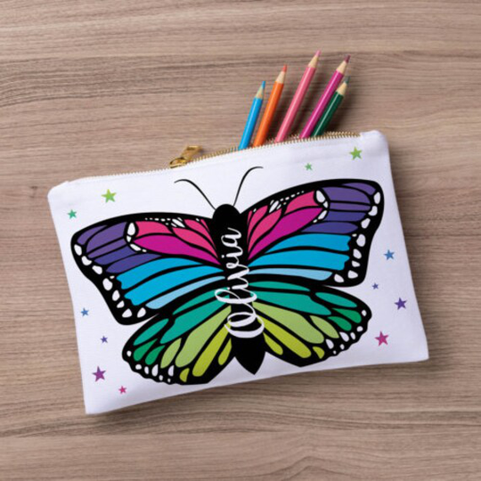 Butterfly Large Zipper Pouch, Custom Name Pencil Case, Stationery Zip Personalized School Supplies, Back To