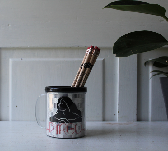 Vintage Virgo Cross Stitched Mug - Astrological Sign Zodiac Pencil Cup