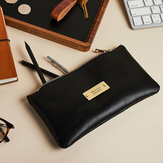 Personalised Leather Pencil Case | With Zip Closure & Engraved Brass Plate Stationery Gift For Him