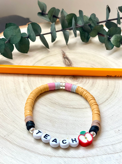Personalized Teacher Bracelet, Pencil Stackable Heishi Gift
