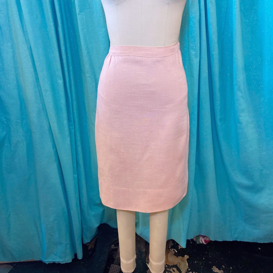 1950S/1960S W26 Pink Linen Gathered Waist Rear Kick Pleat Pencil Wiggle Skirt