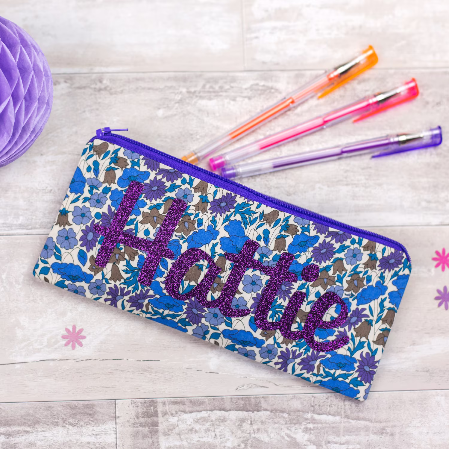 Name Pencil Case - Glitter Pouch Liberty Of London Personalised Zip School Supplies Stationery Purple Floral Personalized