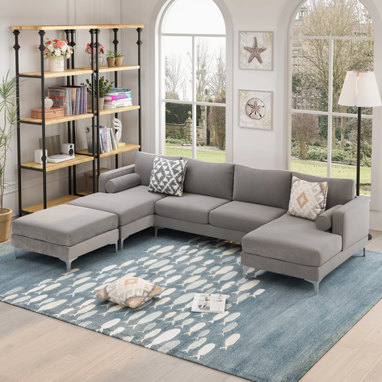 Velvet Fabric U Shaped Sofa with Ottoman