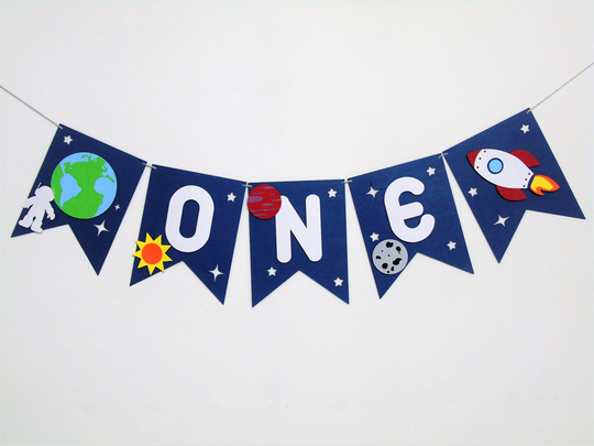 Space High Chair Banner, Outer Planets Moon Stars Rocket Party Decoration, Universe 1St Birthday, One Or Two Highchair Wall Banner