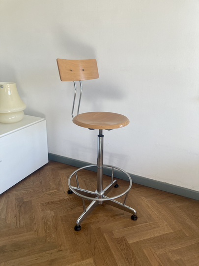 Vintage Italian Chrome & Formed Birch Plywood Artists Drafting Work Chair/Industrial Made in Italy 60S