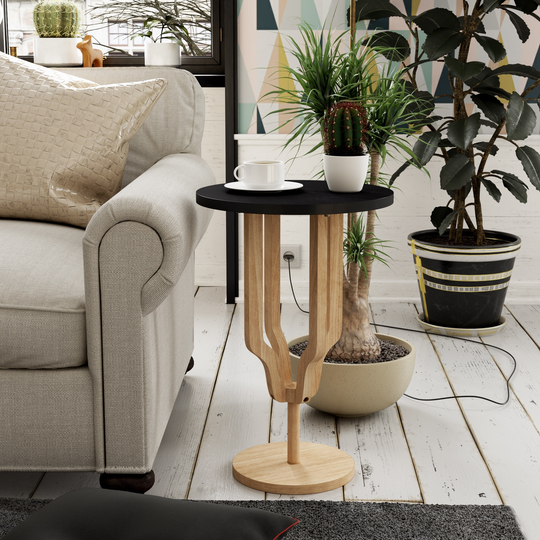 COZAYH Small Pedestal End Table, Rustic Farmhouse Cottagecore Accent End Table Drinking Table with Wood Texture, Black & Natural