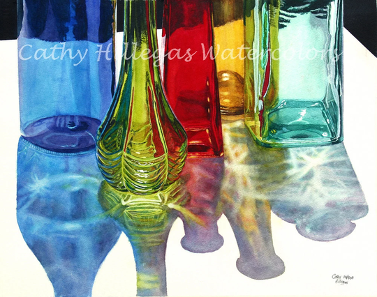 Colored Glass Bottles Watercolor Painting Print, Cathy Hillegas Art, 16x20 Rainbow Colors, Blue Green Red Yellow Teal Art