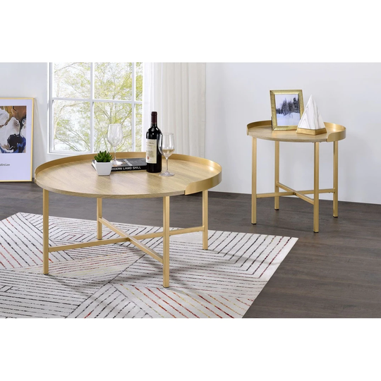 34" Mithea Round Coffee Table, Wood Oak Table MDF Top & Gold Finish