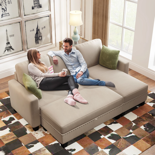 81" Nailheaded Textured Fabric Sectional Sofa Square Ottoman Storage Ottoman
