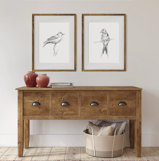 Birds Art Prints, Set Of 2 Sketches On A Branch, Minimalist Pencil Drawing Illustrations, Printed & Shipped, Giclée Print