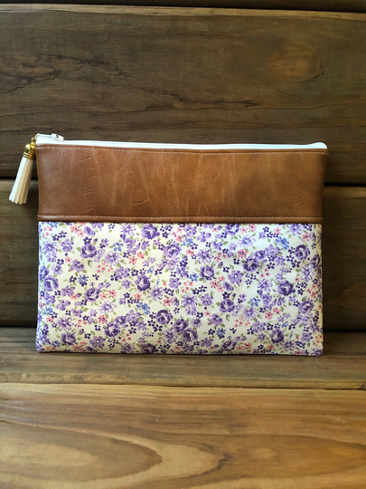 Petite Purple & White Floral Zipper Pouch, Vegan Leather Accent Bag, Makeup Bag, Cosmetic Pencil Case, Gift For Her, Bridesmaid Gift