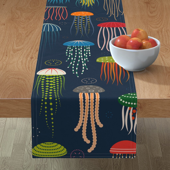 Jellyfish Table Runner - Just Jellies Extra Large By Katerhees Nautical Ocean Animals Dark Blue Cotton Sateen Spoonflower